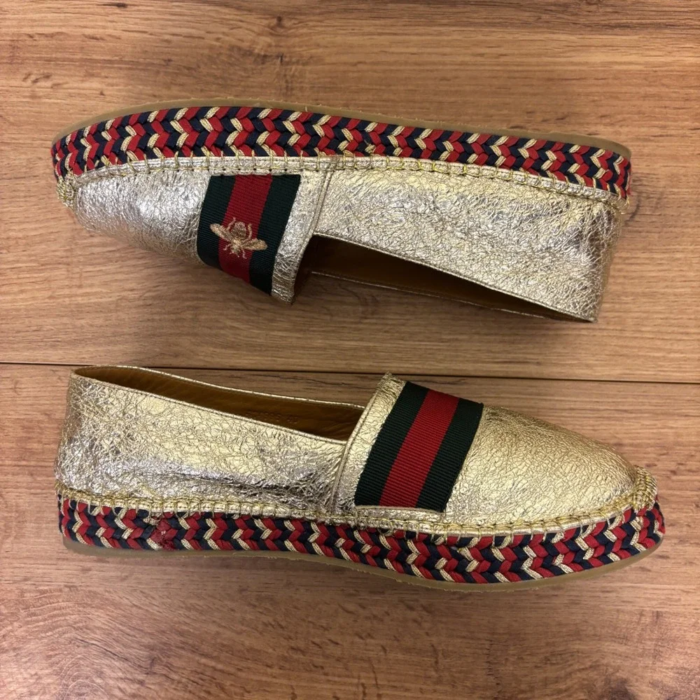 GUCCI Crinkled Leather Web Pilar Bee Espadrille Flat Gold Women Size 40 Slip On